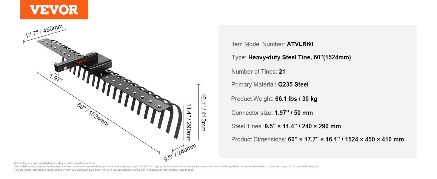 VEVOR tow behind landscape rake with 21 heavy-duty steel tines, q235 steel, 60" width, 66.1 lbs weight.