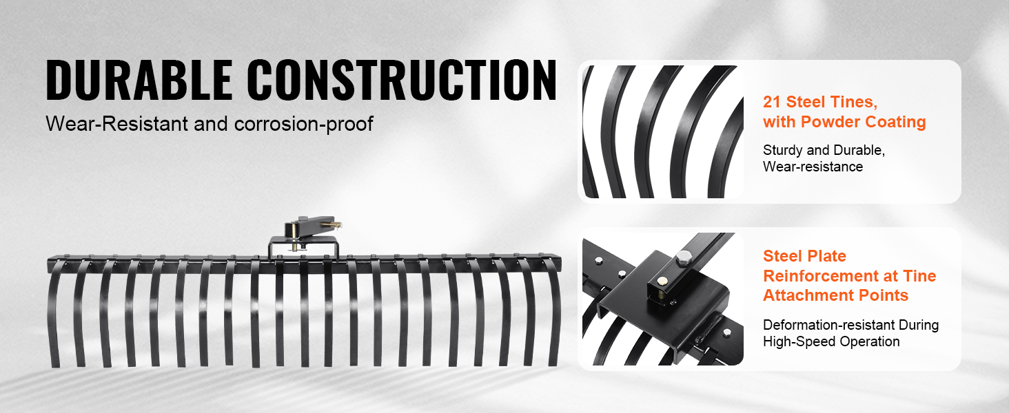 VEVOR tow behind landscape rake with 21 steel tines and steel plate reinforcement for durability.