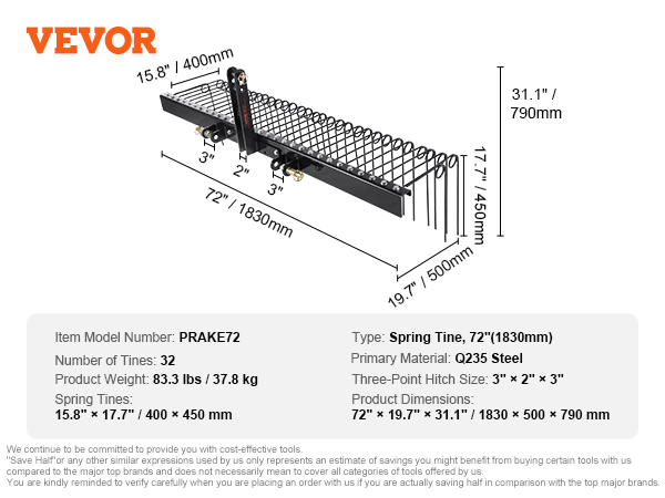 VEVOR tow behind landscape rake, model number prake72, with 32 tines and q235 steel construction.