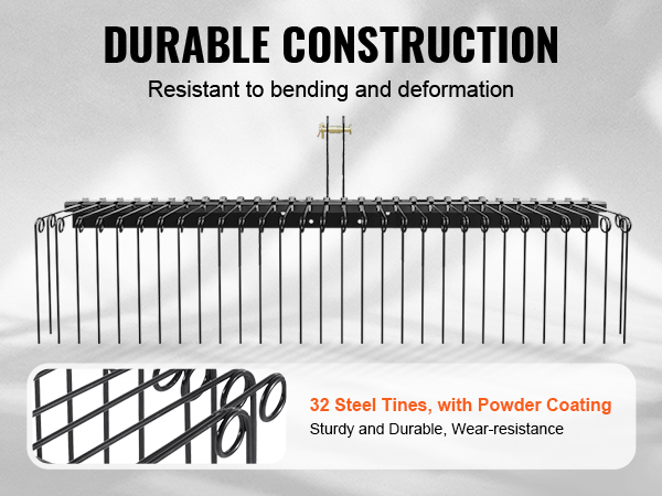 VEVOR tow behind landscape rake features 32 steel tines, durable construction, wear-resistant, and corrosion-proof.