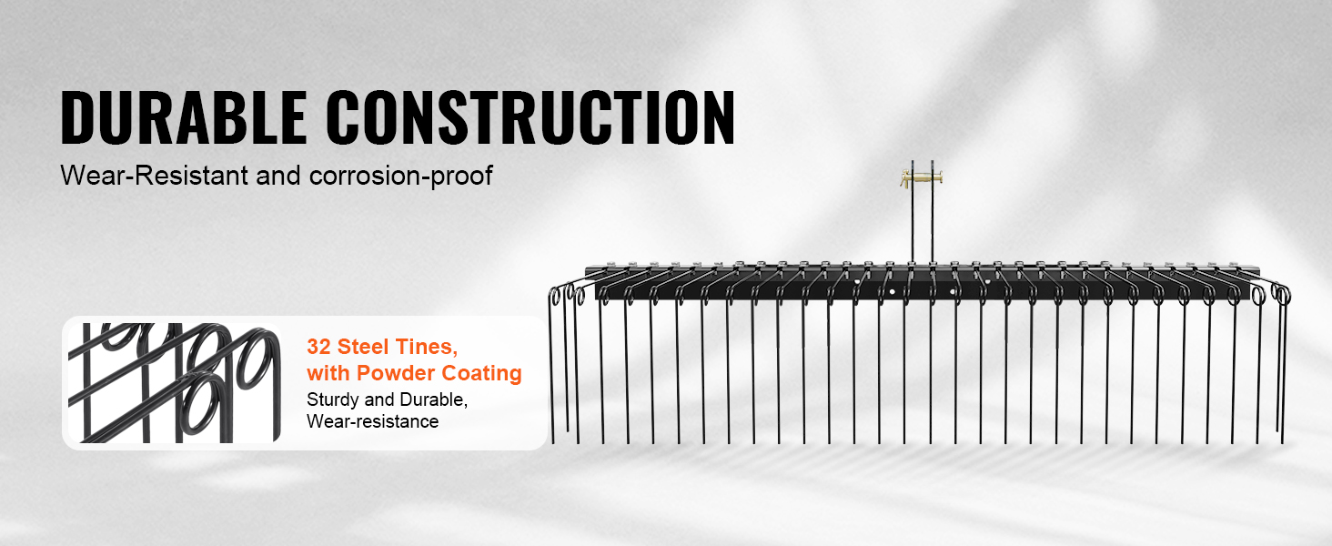 VEVOR tow behind landscape rake features 32 steel tines, durable construction, wear-resistant, and corrosion-proof.