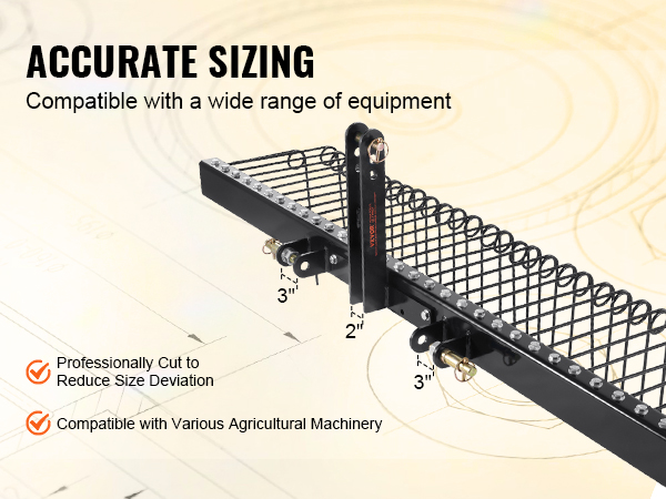 accurate sizing for the VEVOR tow behind landscape rake, compatible with various agricultural machinery.
