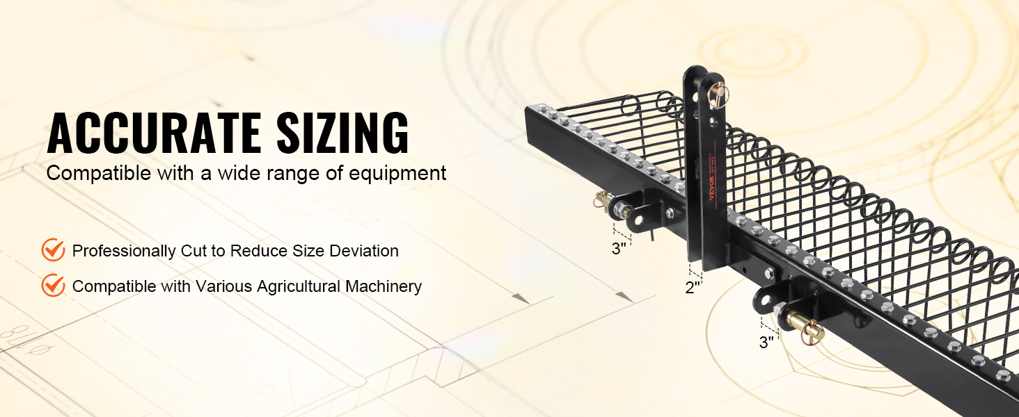 accurate sizing for the VEVOR tow behind landscape rake, compatible with various agricultural machinery.