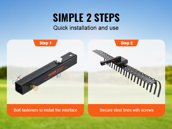VEVOR tow behind landscape rake installation: step 1 secure steel tines, step 2 connect components.