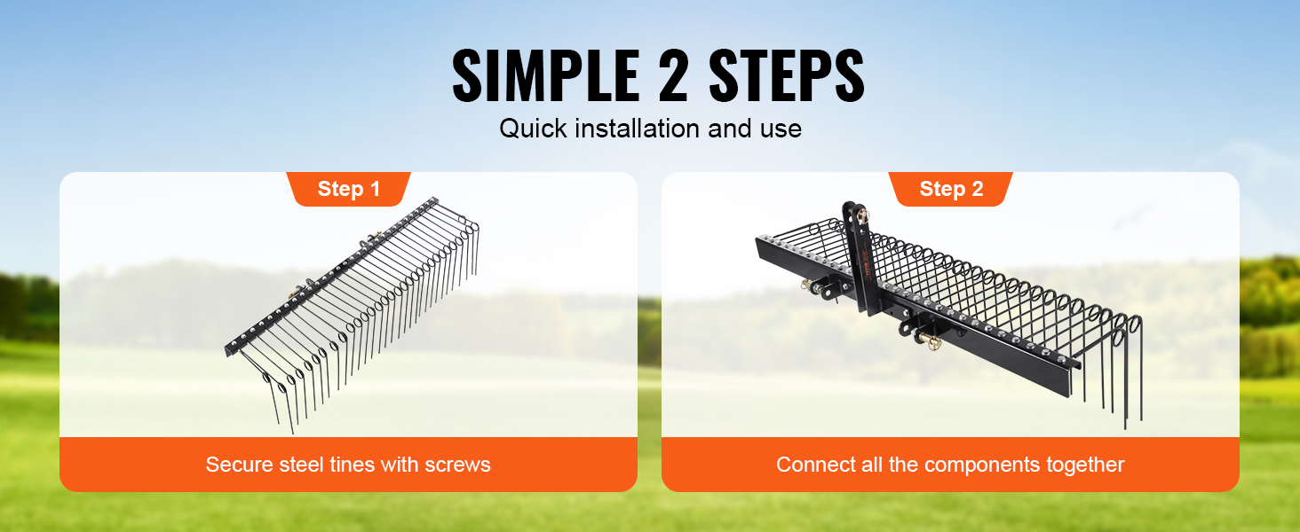 VEVOR tow behind landscape rake installation: step 1 secure steel tines, step 2 connect components.