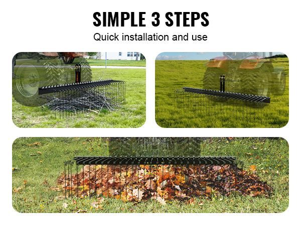 VEVOR tow behind landscape rake showcasing versatility in three different yard cleanup scenarios.