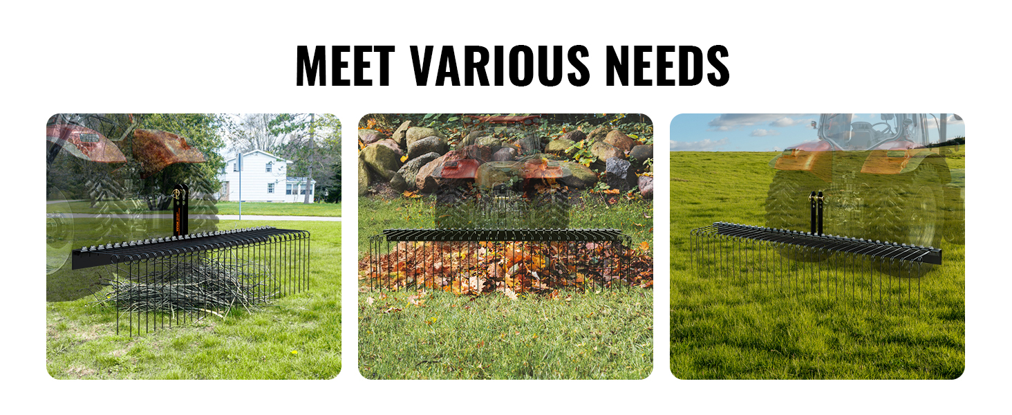 VEVOR tow behind landscape rake showcasing versatility in three different yard cleanup scenarios.