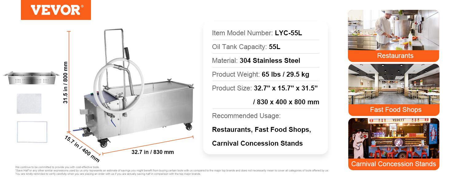 VEVOR Mobile Fryer Filter, 55L Oil Tank Capacity, Oil Filtration System ...