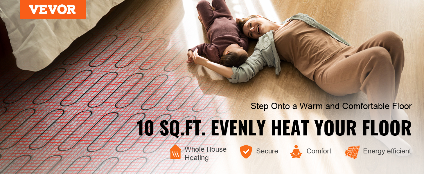 VEVOR Floor Heating Mat, 10 Sq.ft, Electric Radiant In-Floor Heated ...